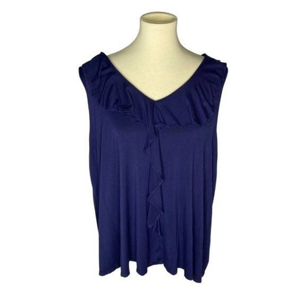 Navy Blue V Neck Ruffle Trim Blouse  - Size 18/20, Navy Blue
